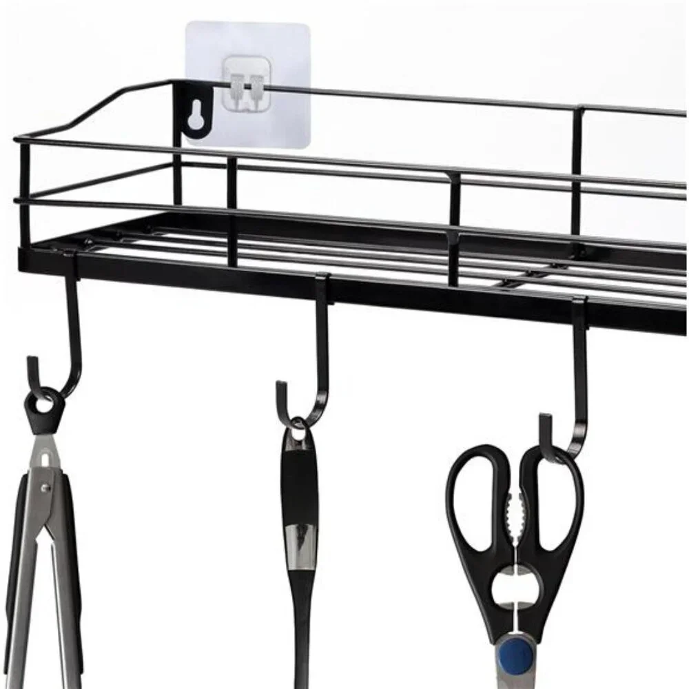 Black Floating Wall Shelves Set of 2 with Hooks Bathroom Kitchen Storage Rack